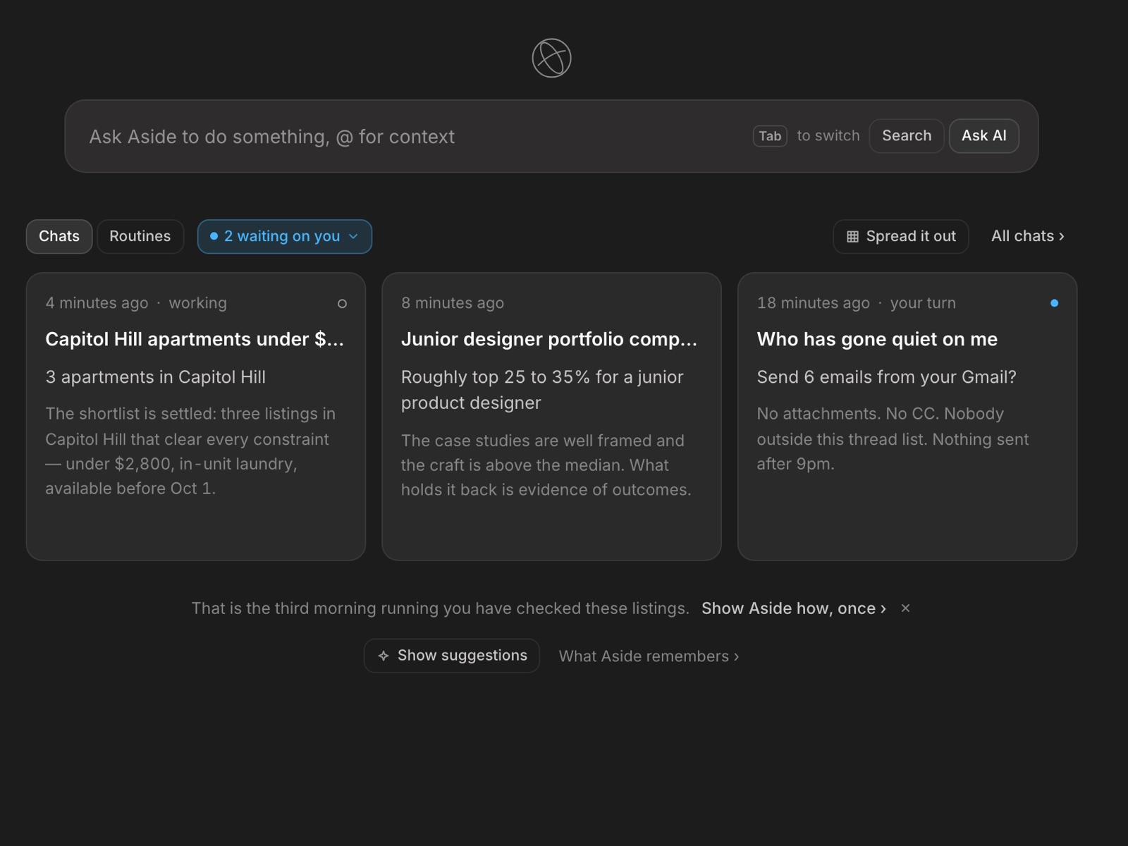 The Aside work canvas, a new tab showing three running agent tasks, one of them waiting on a decision