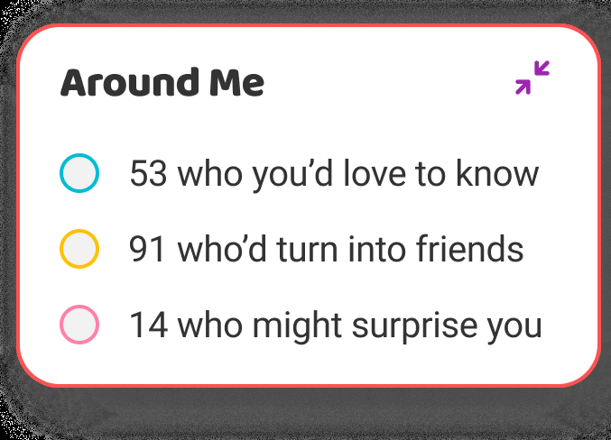 The Around Me card: 53 who you’d love to know, 91 who’d turn into friends, and the ones who might surprise you