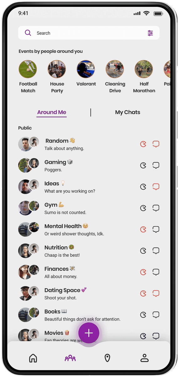 The Eqo circles screen, with nearby events above public rooms