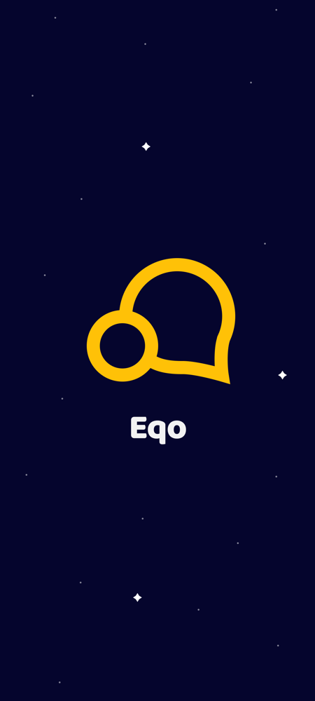 The Eqo splash screen: a speech bubble mark over a starfield