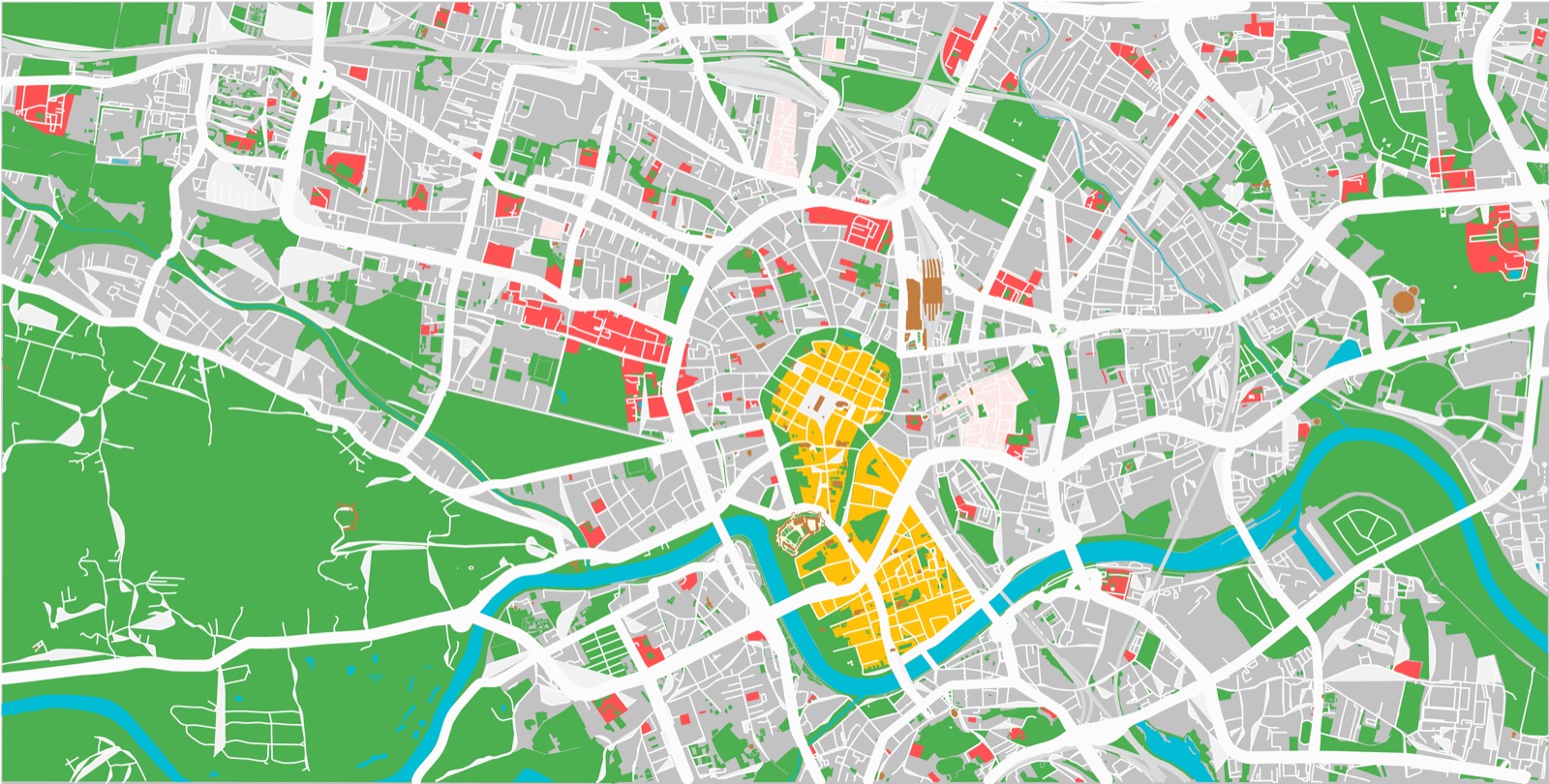 The territory layer: a city with captured blocks filled in yellow