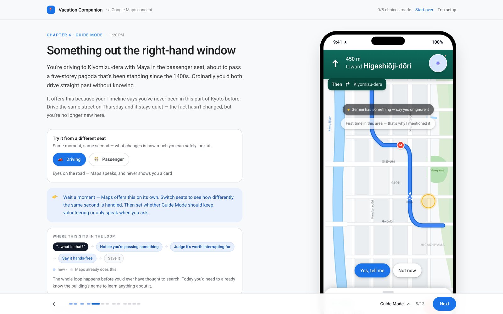 Google Maps for Vacations: a chaptered prototype with a live Kyoto map beside the reading