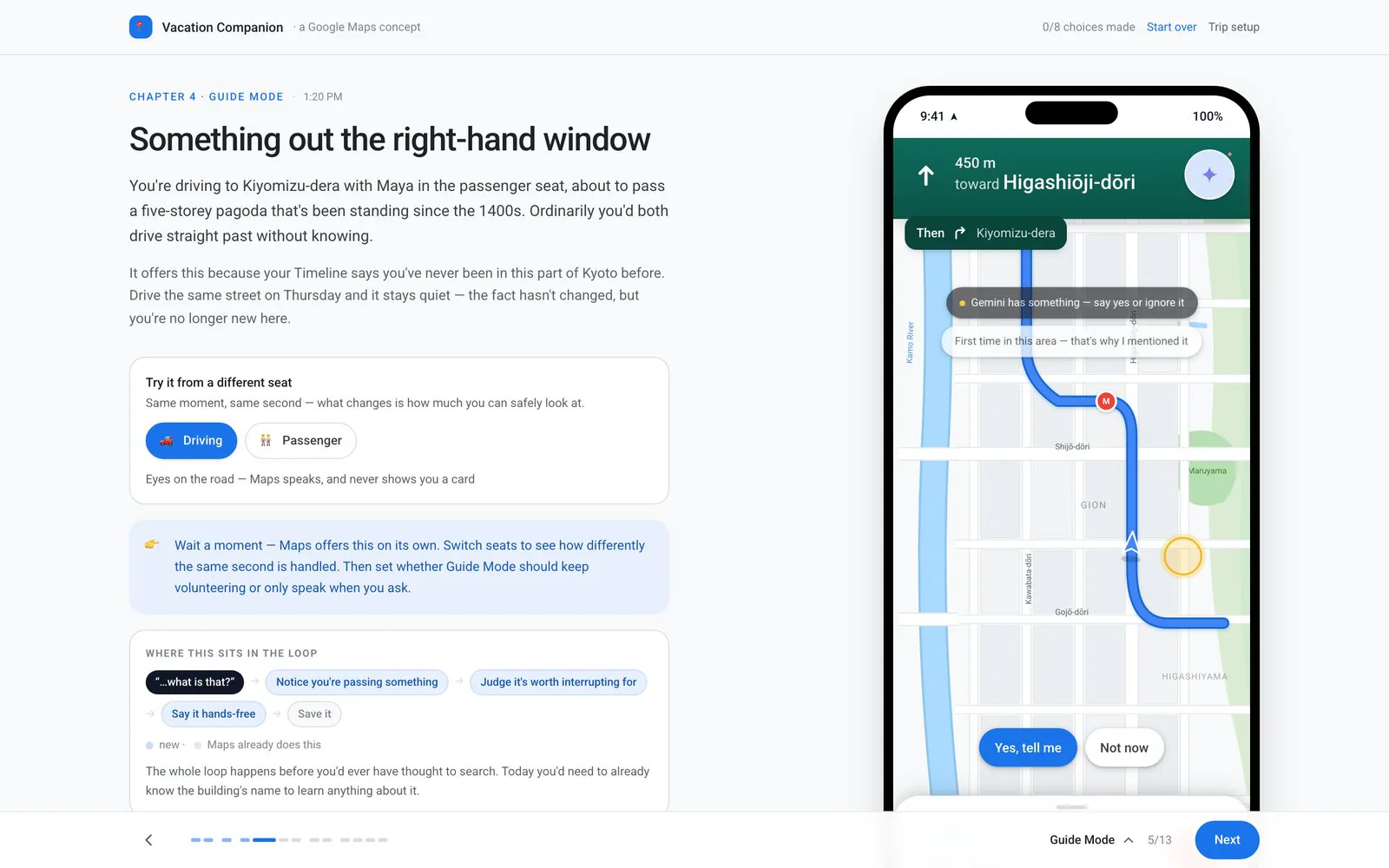 Google Maps for Vacations: a chaptered prototype with a live Kyoto map beside the reading