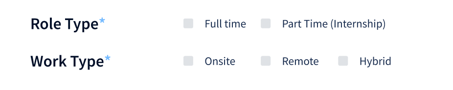Role Type with checkboxes for Full time and Part Time (Internship), and Work Type with Onsite, Remote and Hybrid.