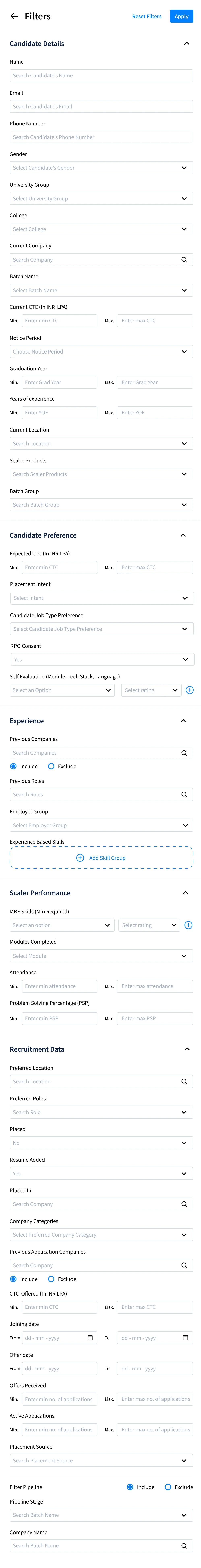The candidate filters, grouped under Candidate Details, Candidate Preference, Experience, Scaler Performance and Recruitment Data: name, contact, college, batch, CTC, notice period, experience, location, Scaler products, placement intent, previous companies and roles, MBE skills, modules, attendance, PSP, placements, offers, active applications, and the pipeline stage.