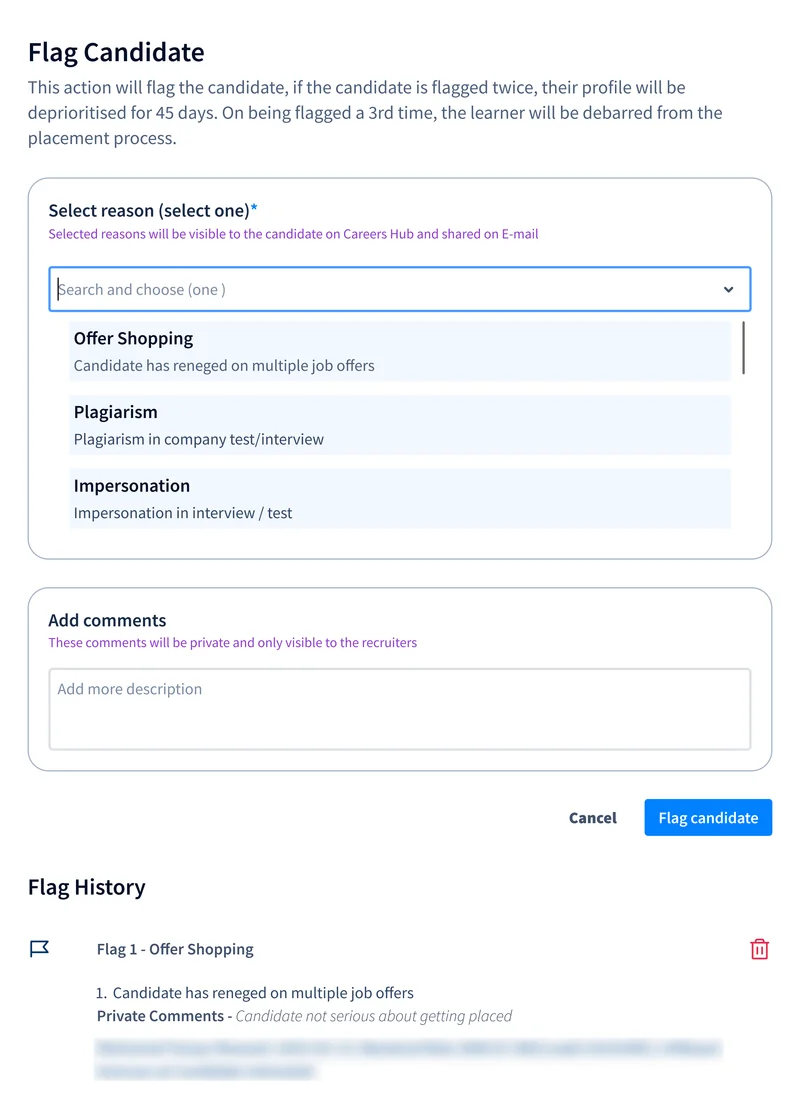 The Flag Candidate dialog: the rule for a second and third flag, a list of reasons including Offer Shopping, Plagiarism and Impersonation, a private comments field, and a flag history with one flag, whose line naming the recruiter, date, job and client is blurred.
