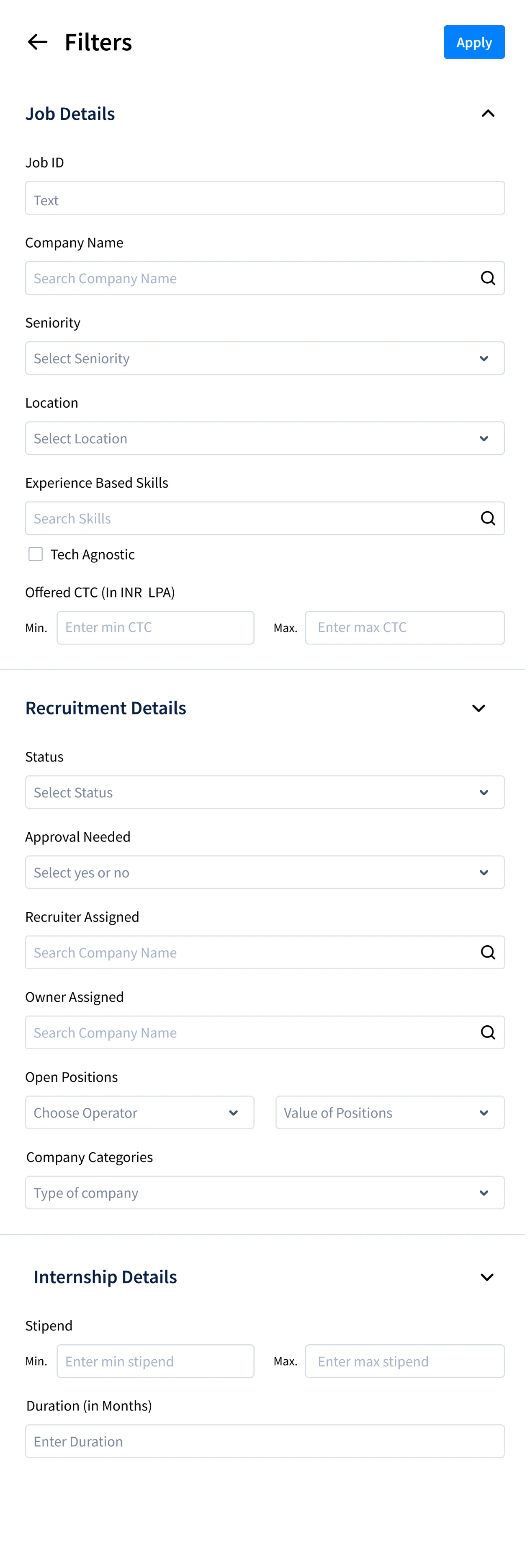 The job filters, grouped under Job Details (job ID, company, seniority, location, experience-based skills, offered CTC), Recruitment Details (status, approval needed, recruiter and owner assigned, open positions, company categories) and Internship Details (stipend, duration).
