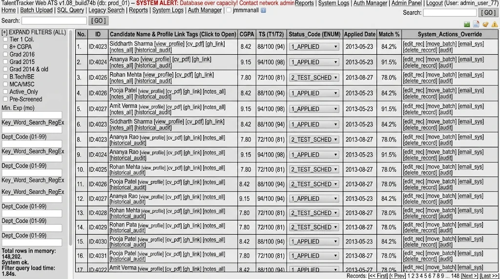 A recreation of the legacy applicant tracking system: a dense spreadsheet-style table of candidates with raw status codes such as 1_APPLIED and 2_TEST_SCHED, link tags in every row, and regex search filters down the left.