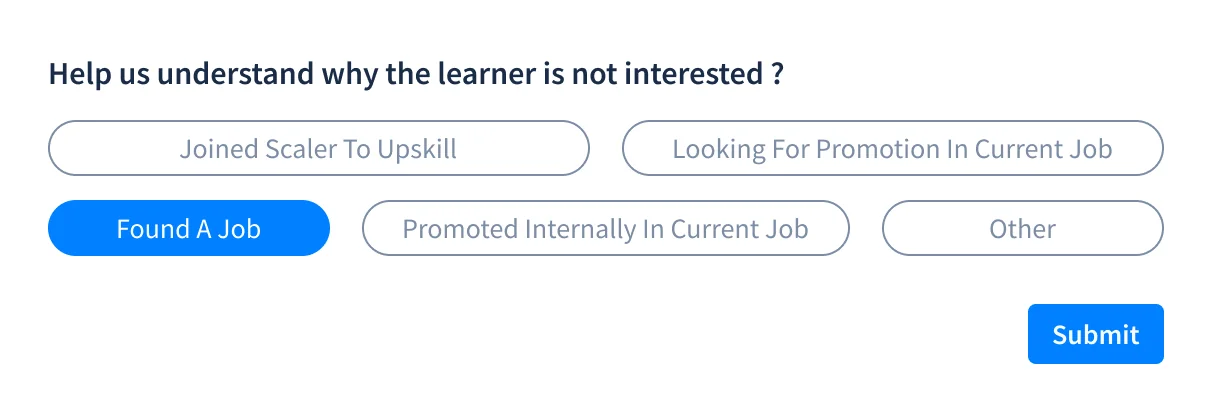 Help us understand why the learner is not interested: five reasons as chips, Joined Scaler To Upskill, Looking For Promotion In Current Job, Found A Job (chosen), Promoted Internally In Current Job and Other, and a Submit button.