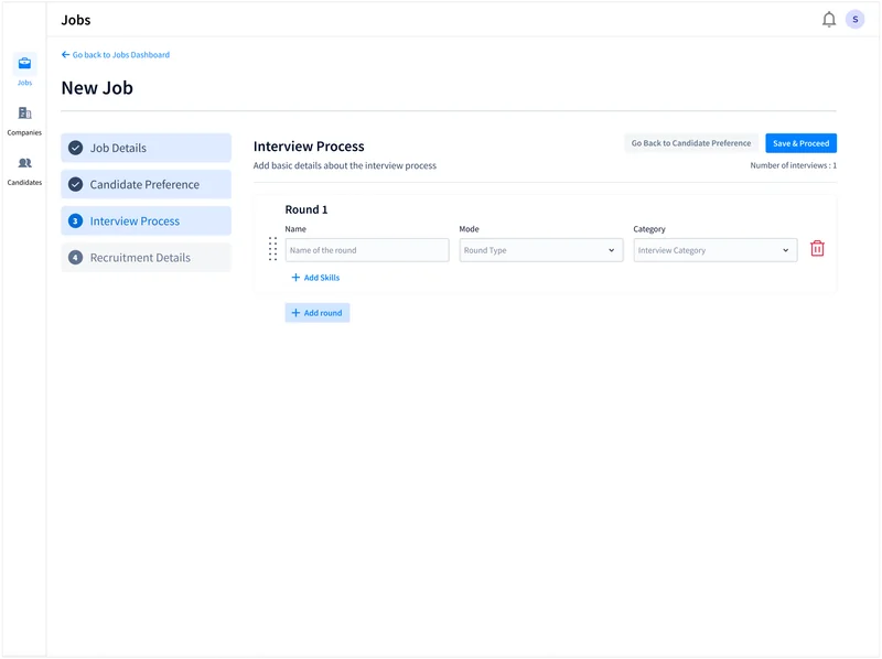 New Job, Interview Process: a round with its name, mode and category, and a button to add another round.