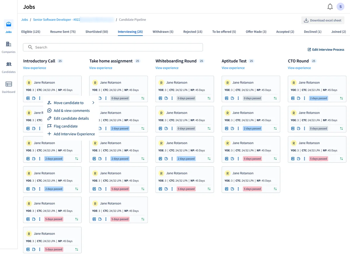 The same pipeline on its Interviewing tab: a column for each interview round, from Introductory Call to CTO Round, each with its candidates' cards, and one card's menu open with Move candidate to, Add & view comments, Edit candidate details, Flag candidate and Add Interview Experience.