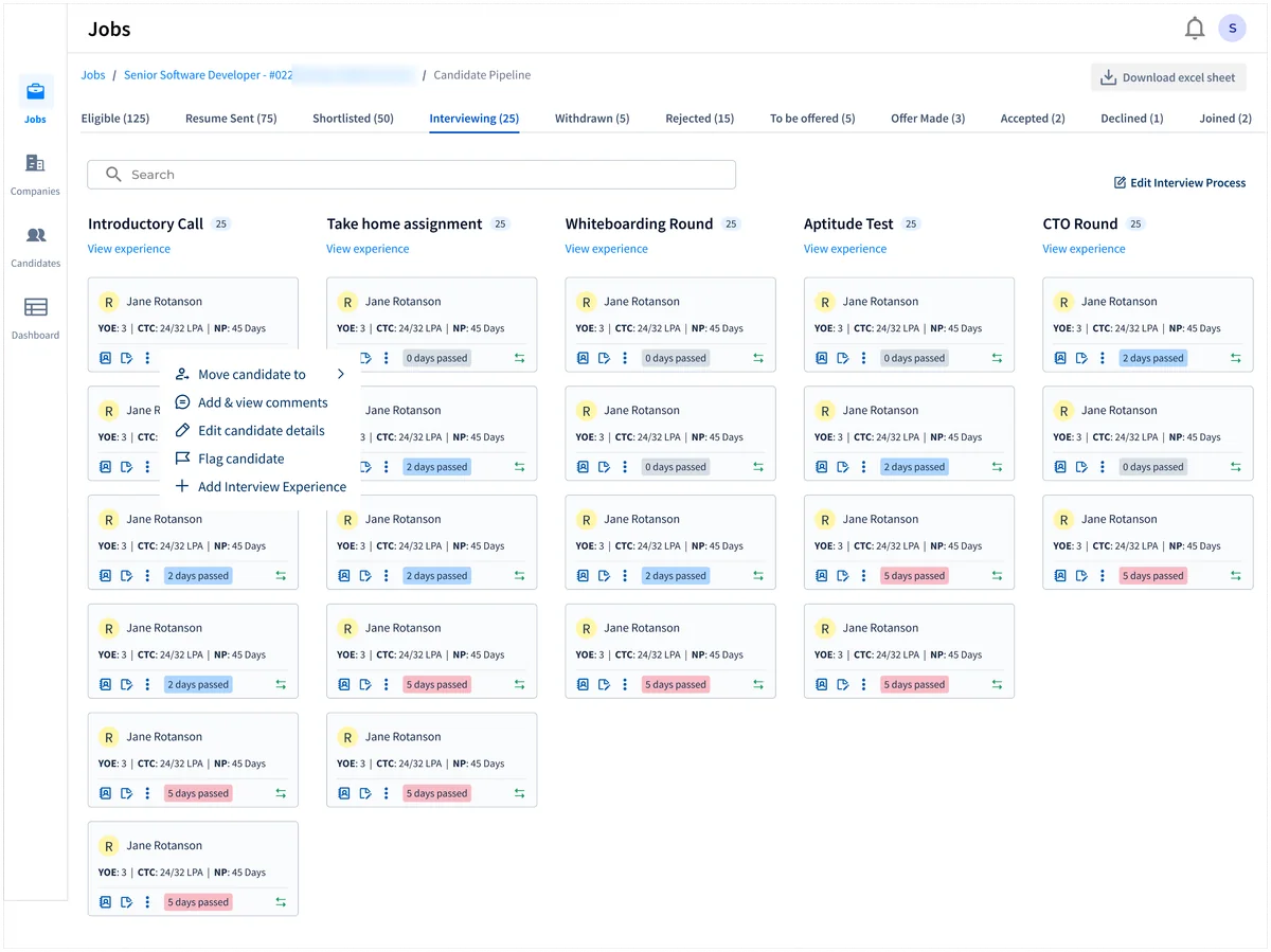 Scaler's recruitment platform: a job's pipeline, a column for each interview round