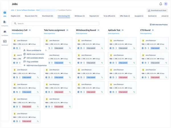 RecruiterBit's candidate pipeline for one job: status tabs with counts across the top, Interviewing open, and a column of candidate cards for each interview round, from Introductory Call to CTO Round.
