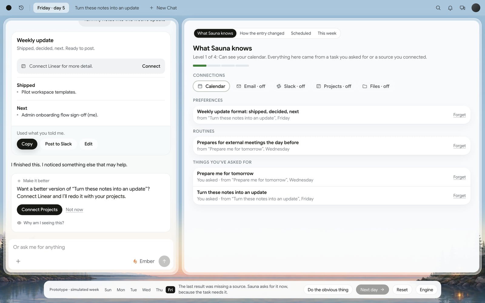 Sauna's simulated first week on Friday: a weekly update drafted from notes, and a panel of what Sauna has learned, with a preference, a routine and two past requests
