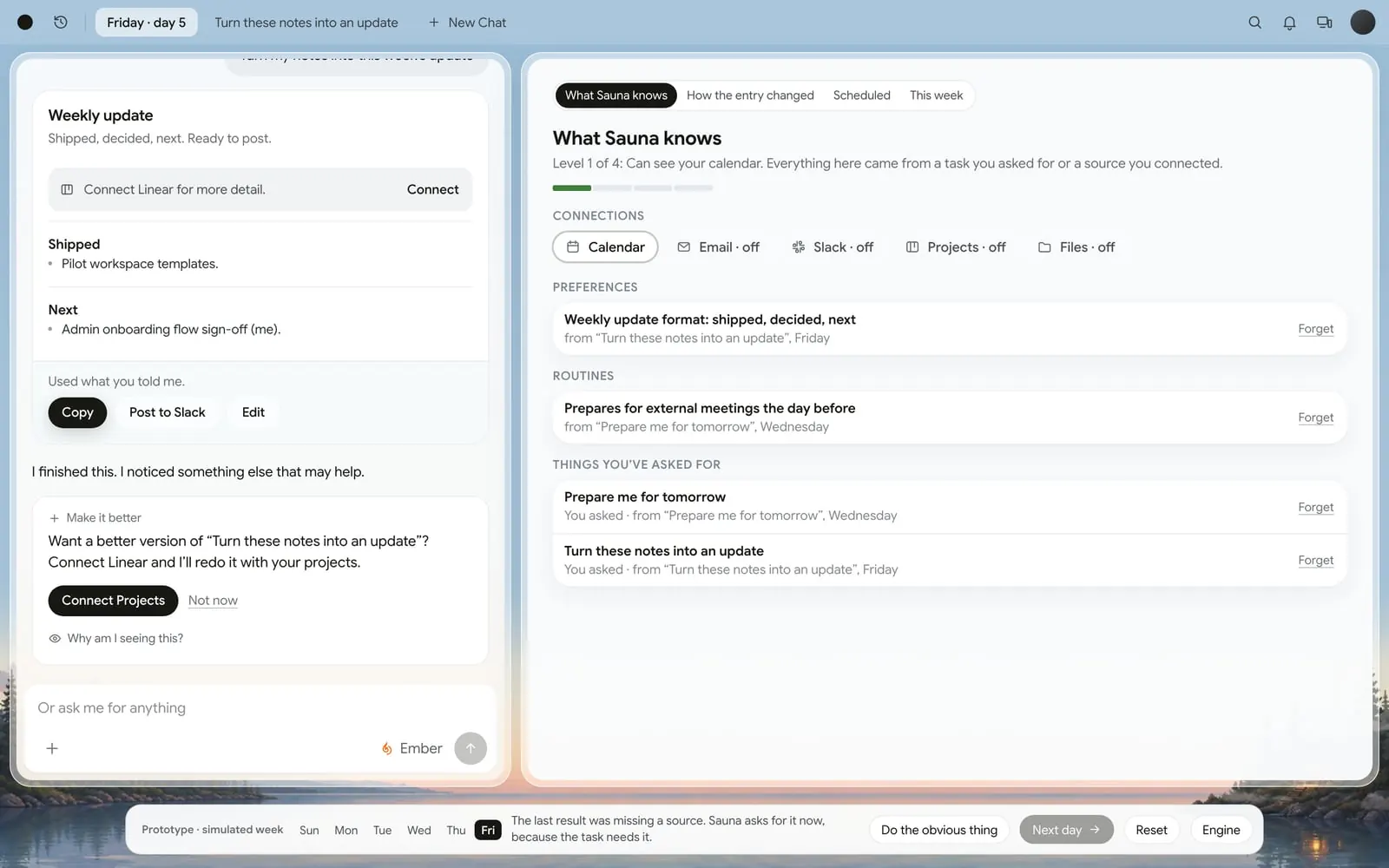 Sauna's simulated first week on Friday: a weekly update drafted from notes, and a panel of what Sauna has learned, with a preference, a routine and two past requests
